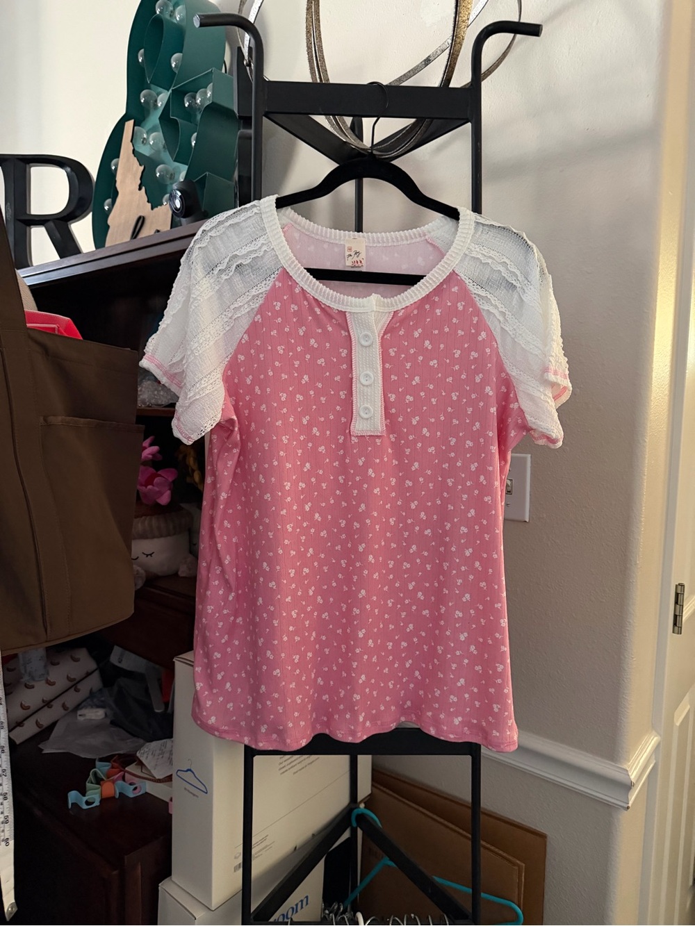 Pink Lace-Sleeve Henley Top - Soft Casual Women's Tee